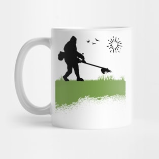 Bigfoot Mowing the Lawn Owner Grass Cutting Funny Sasquatch Mug